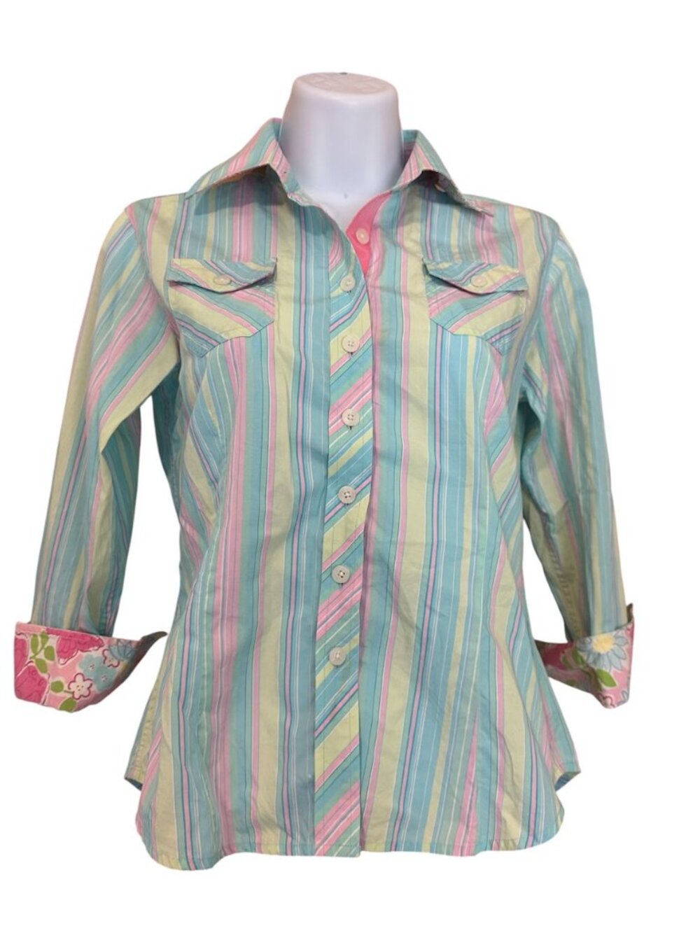 Lilly Pulitzer Pastel Striped‎ Button-Down Shirt with Floral Accents Size O
